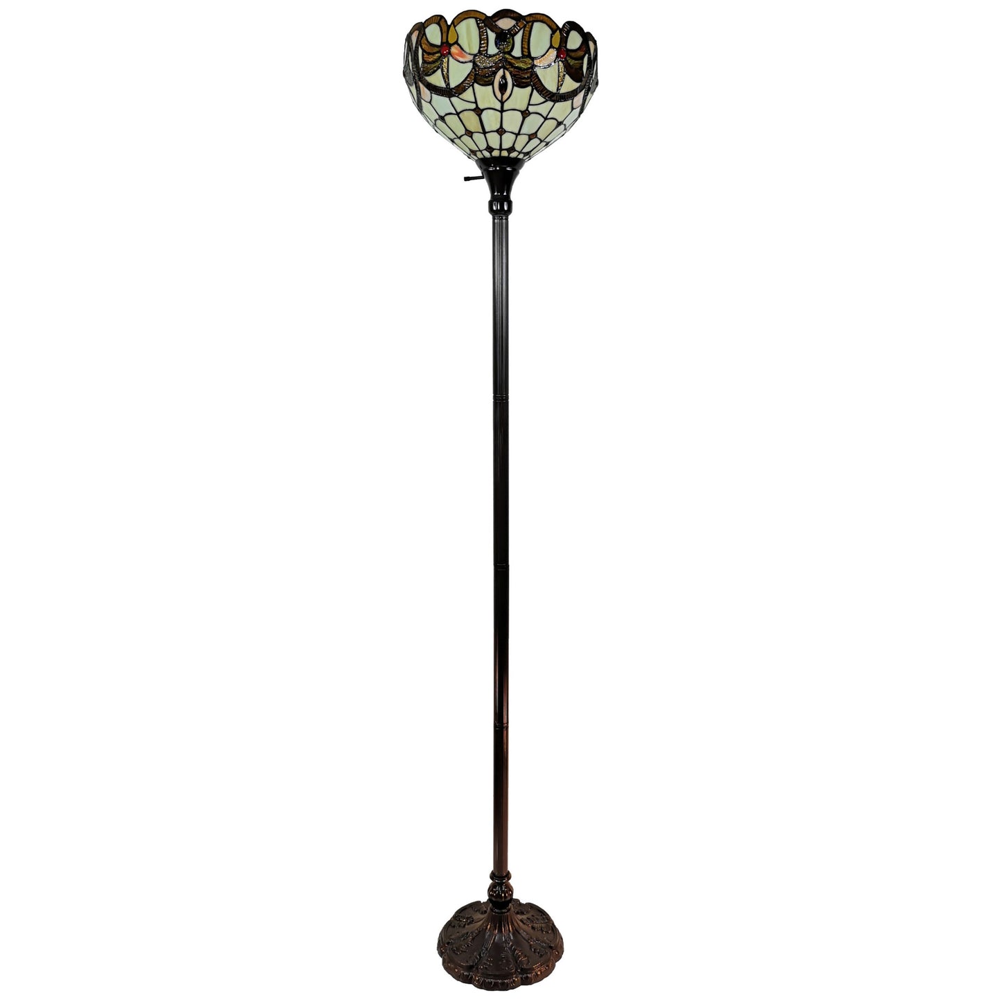 Brown Floor Lamp w/ White & Brown Stained Glass Bowl Shade
