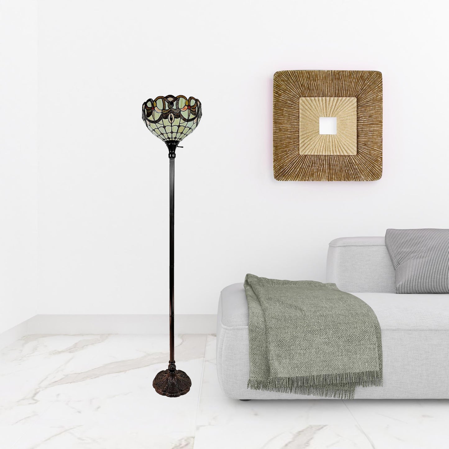 Brown Floor Lamp w/ White & Brown Stained Glass Bowl Shade