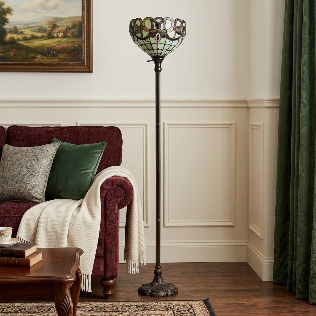 Brown Floor Lamp w/ White & Brown Stained Glass Bowl Shade