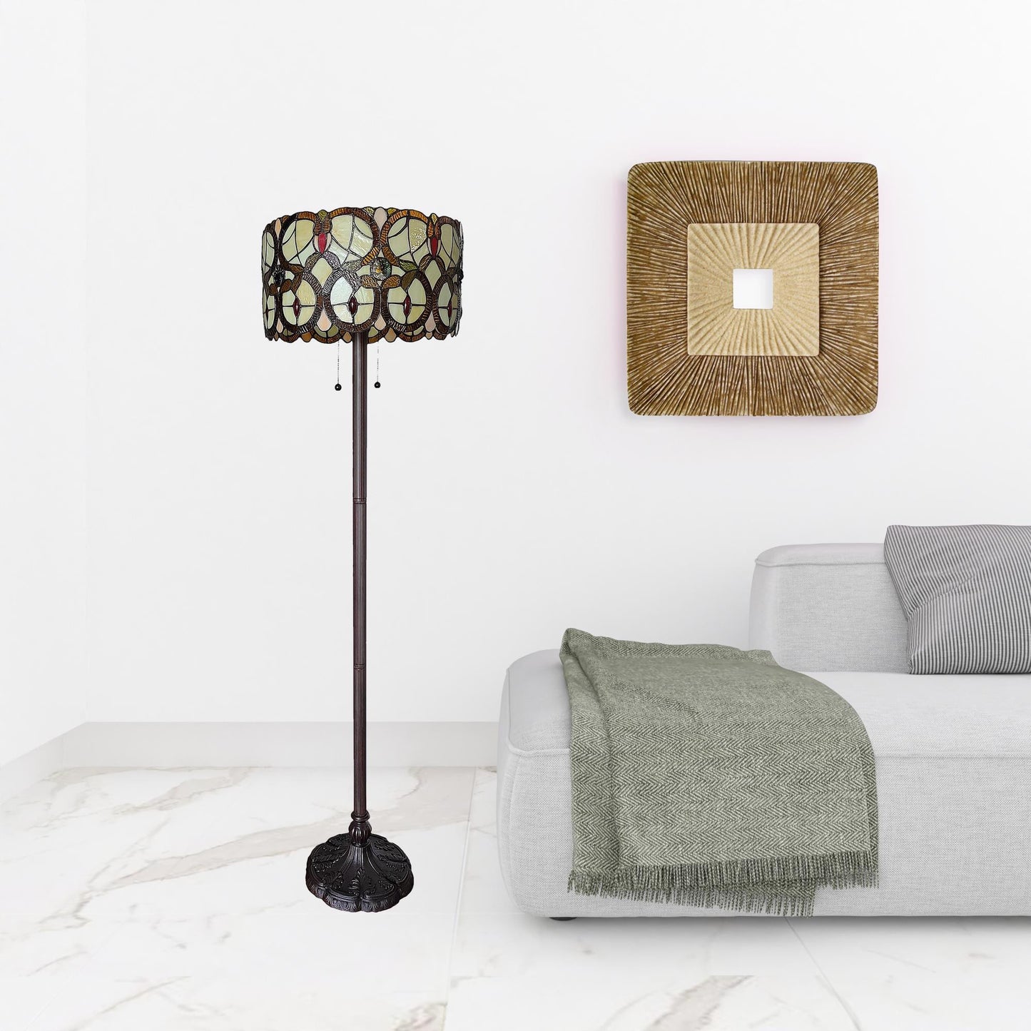 Brown 2-Light Floor Lamp w/ Brown & White Stained Glass Shade