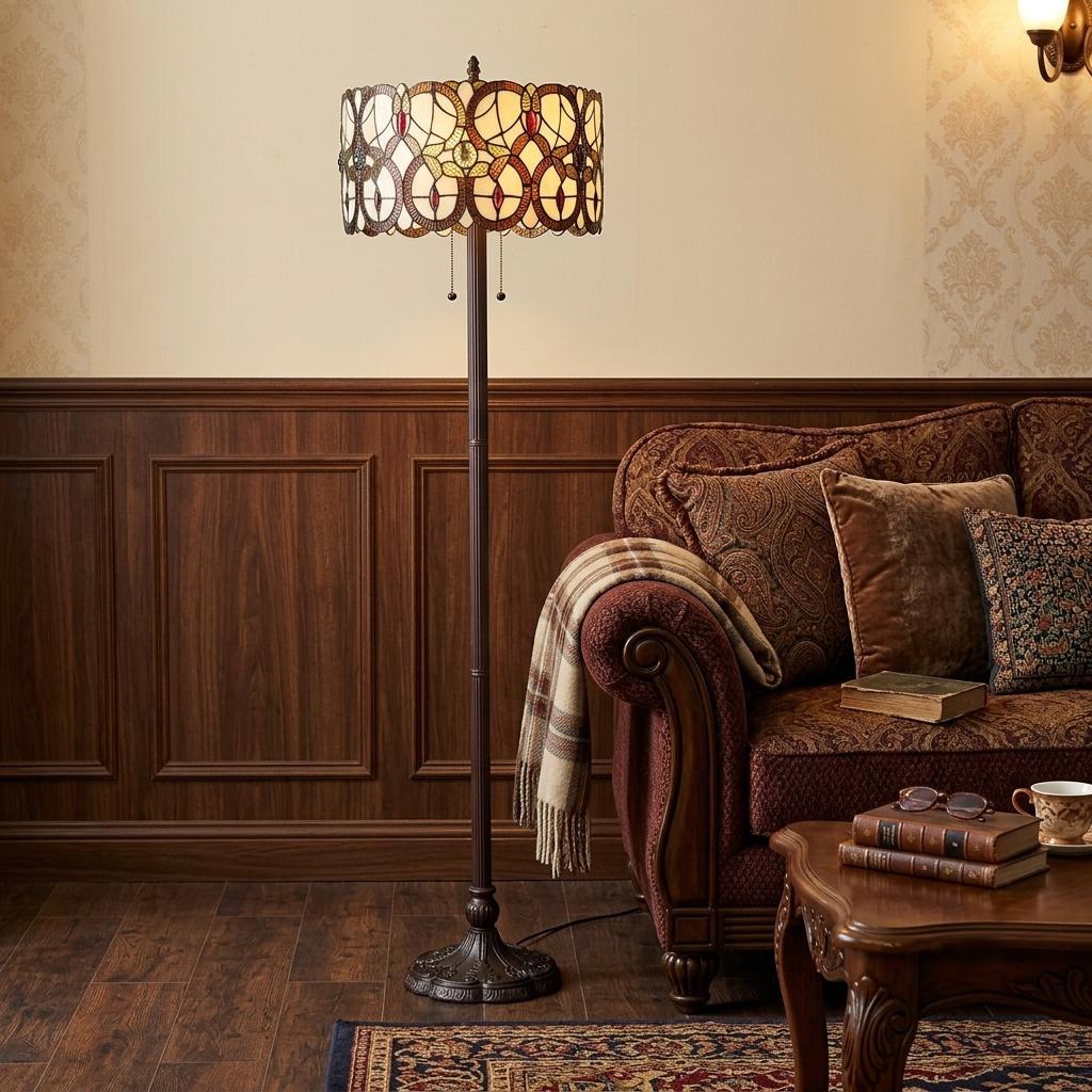 Brown 2-Light Floor Lamp w/ Brown & White Stained Glass Shade