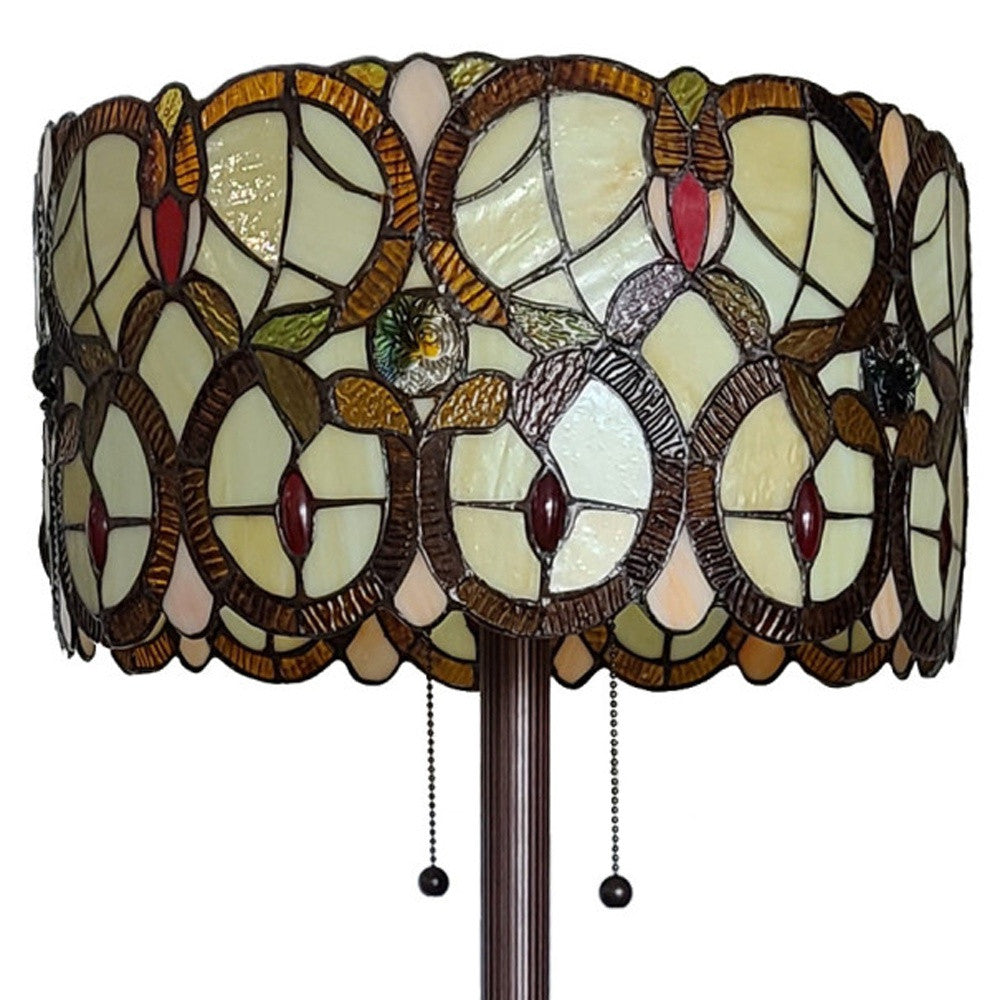 Brown 2-Light Floor Lamp w/ Brown & White Stained Glass Shade