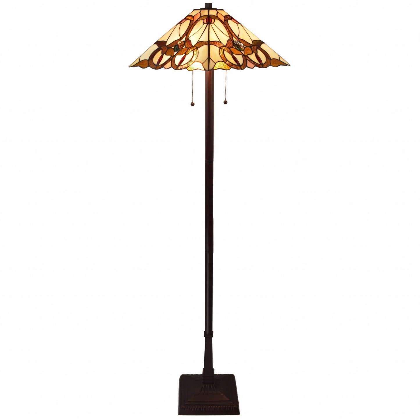 Brown Two Lights Floor Lamp w/ Brown & White Stained Glass Shade