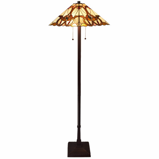 Brown Two Lights Floor Lamp w/ Brown & White Stained Glass Shade