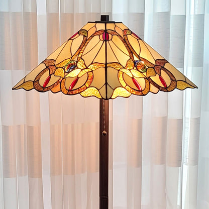 Brown Two Lights Floor Lamp w/ Brown & White Stained Glass Shade