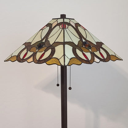 Brown Two Lights Floor Lamp w/ Brown & White Stained Glass Shade
