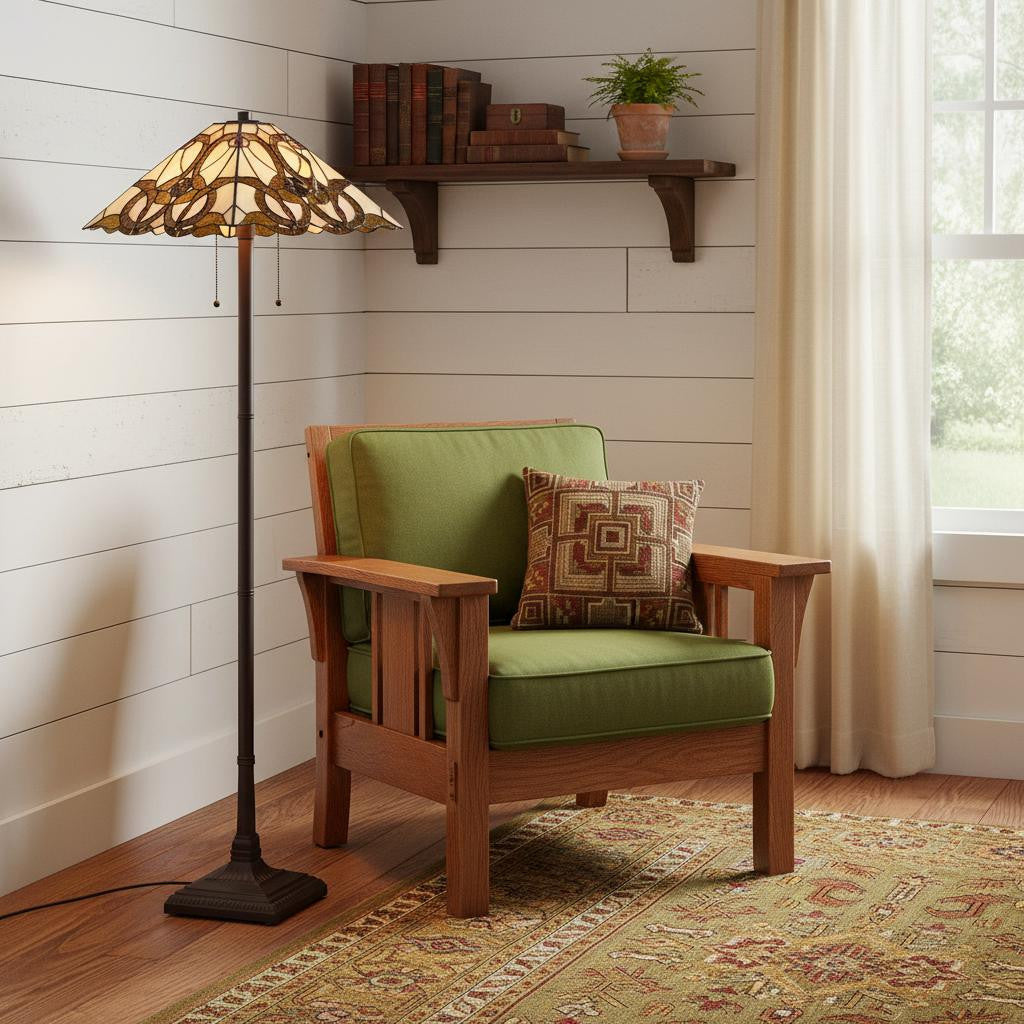 Brown Two Lights Floor Lamp w/ Brown & White Stained Glass Shade