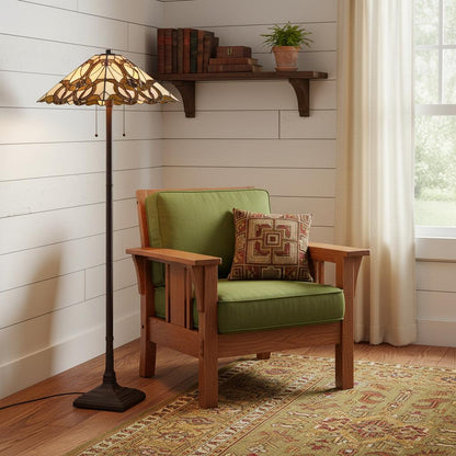Brown Two Lights Floor Lamp w/ Brown & White Stained Glass Shade