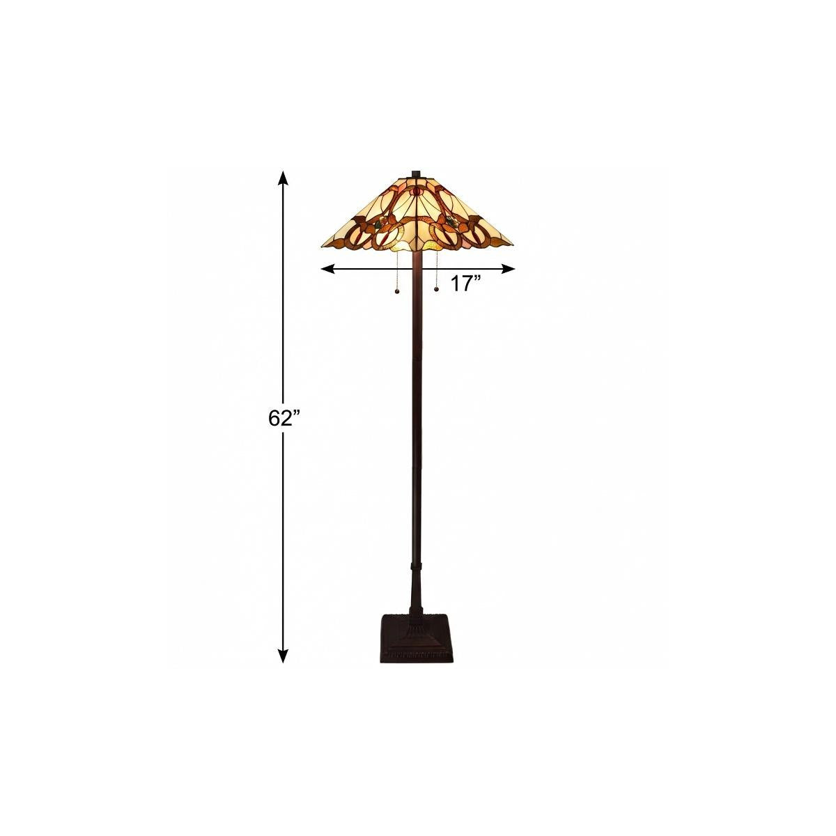 Brown Two Lights Floor Lamp w/ Brown & White Stained Glass Shade