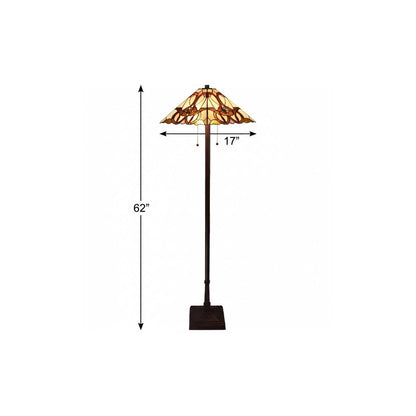 Brown Two Lights Floor Lamp w/ Brown & White Stained Glass Shade