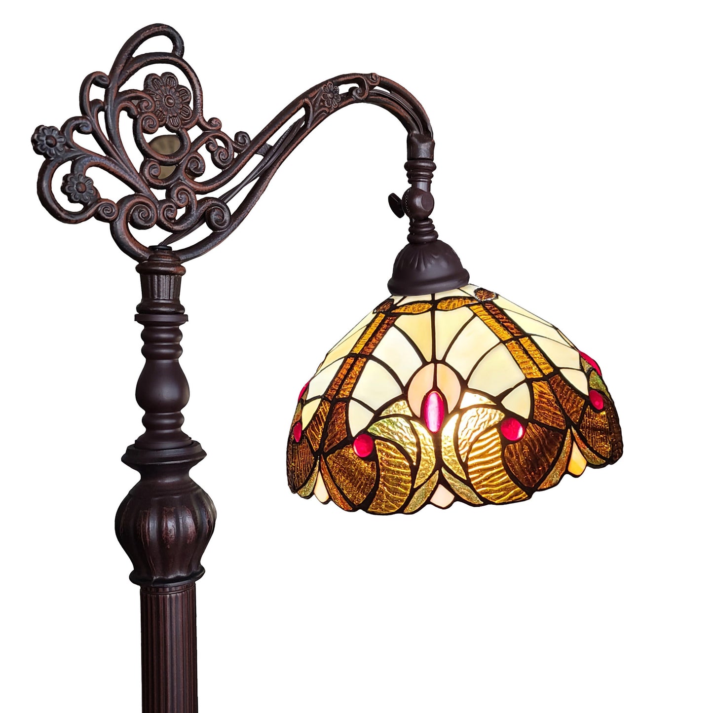 Brown Floor Lamp w/ Brown & Red Stained Glass Bowl Shade