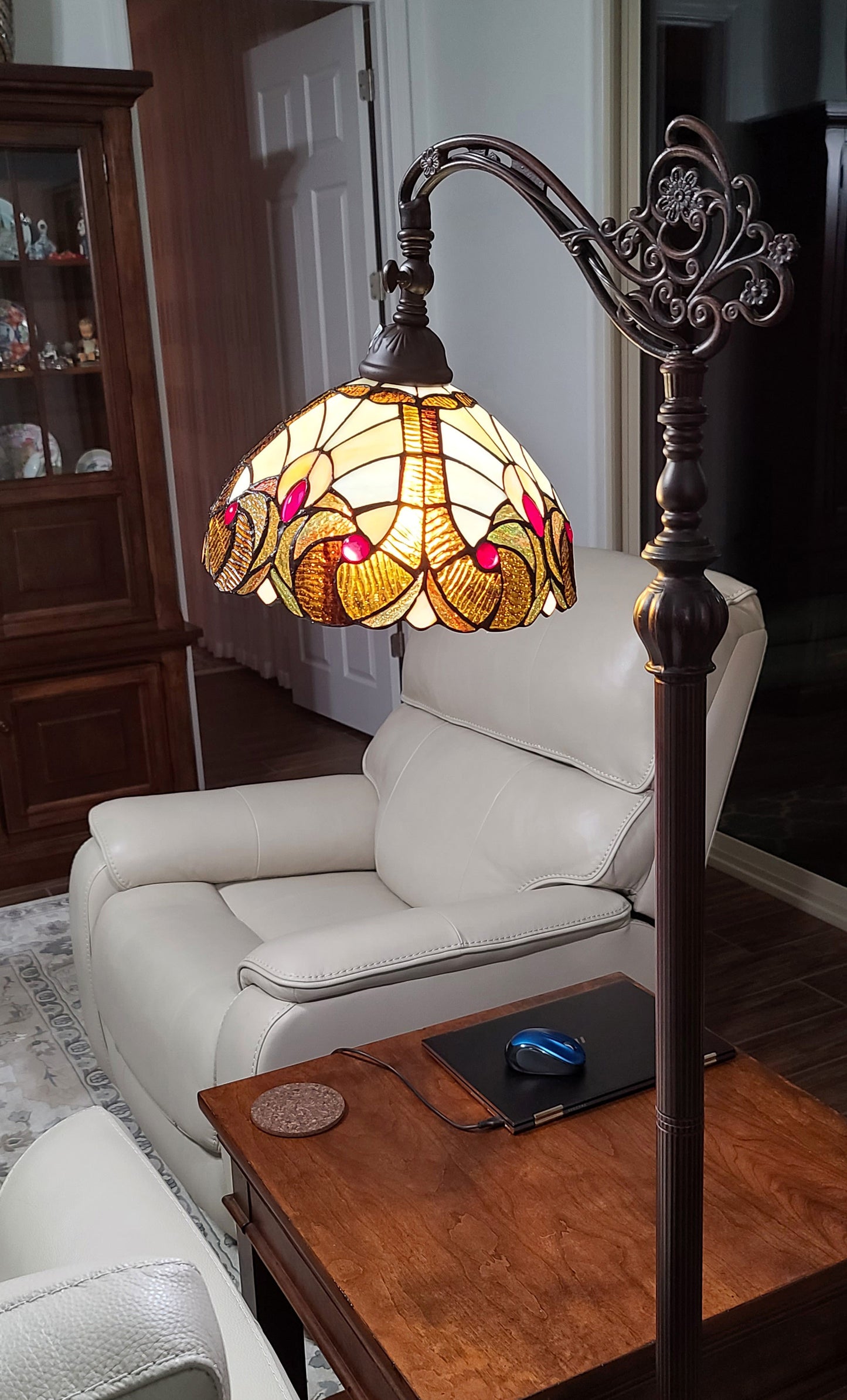 Brown Floor Lamp w/ Brown & Red Stained Glass Bowl Shade
