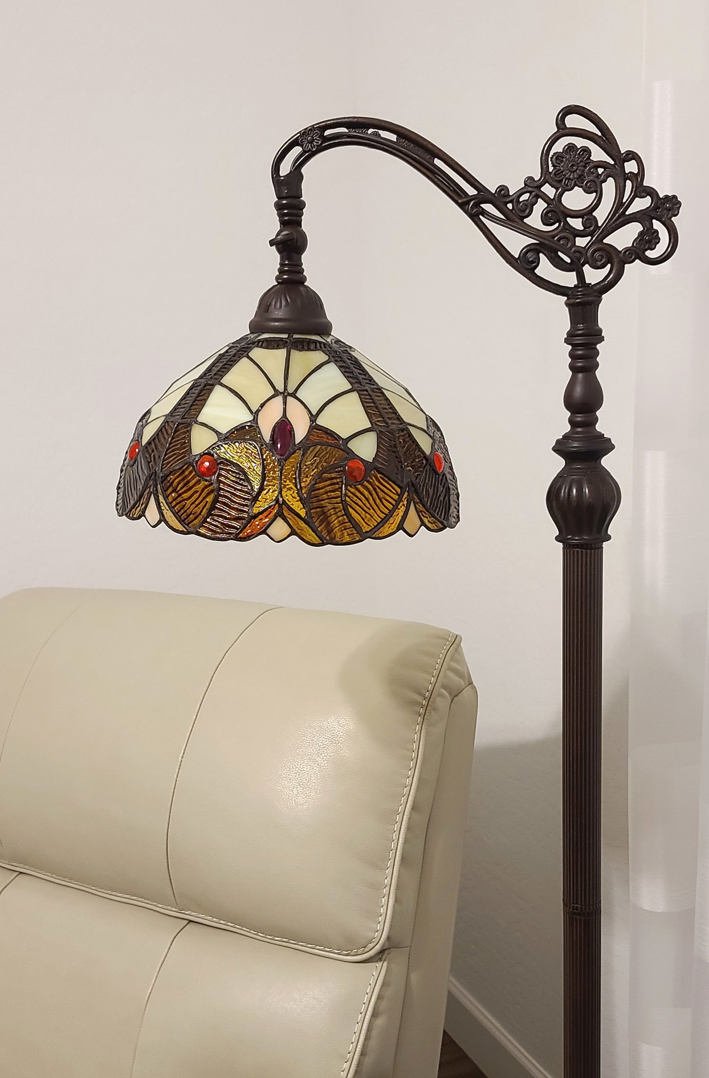 Brown Floor Lamp w/ Brown & Red Stained Glass Bowl Shade