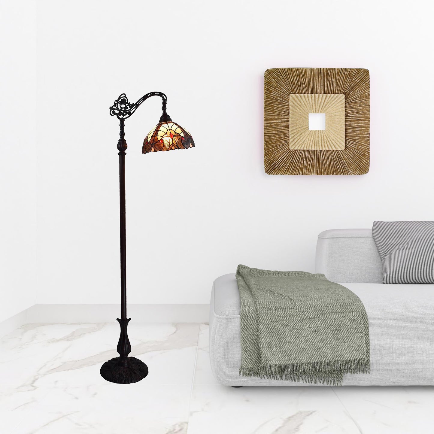 Brown Floor Lamp w/ Brown & Red Stained Glass Bowl Shade