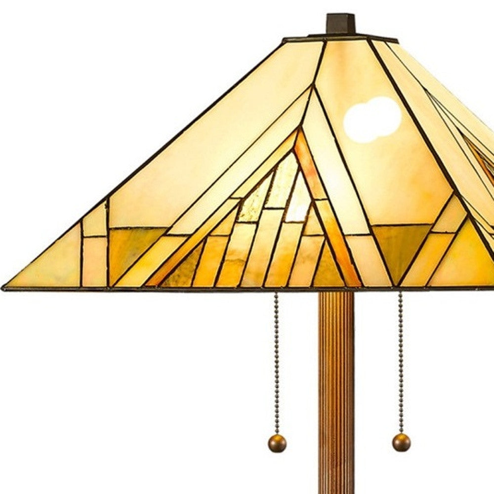 Brown 2-Light Beige & Brown Geometric Stained Glass Floor Lamp