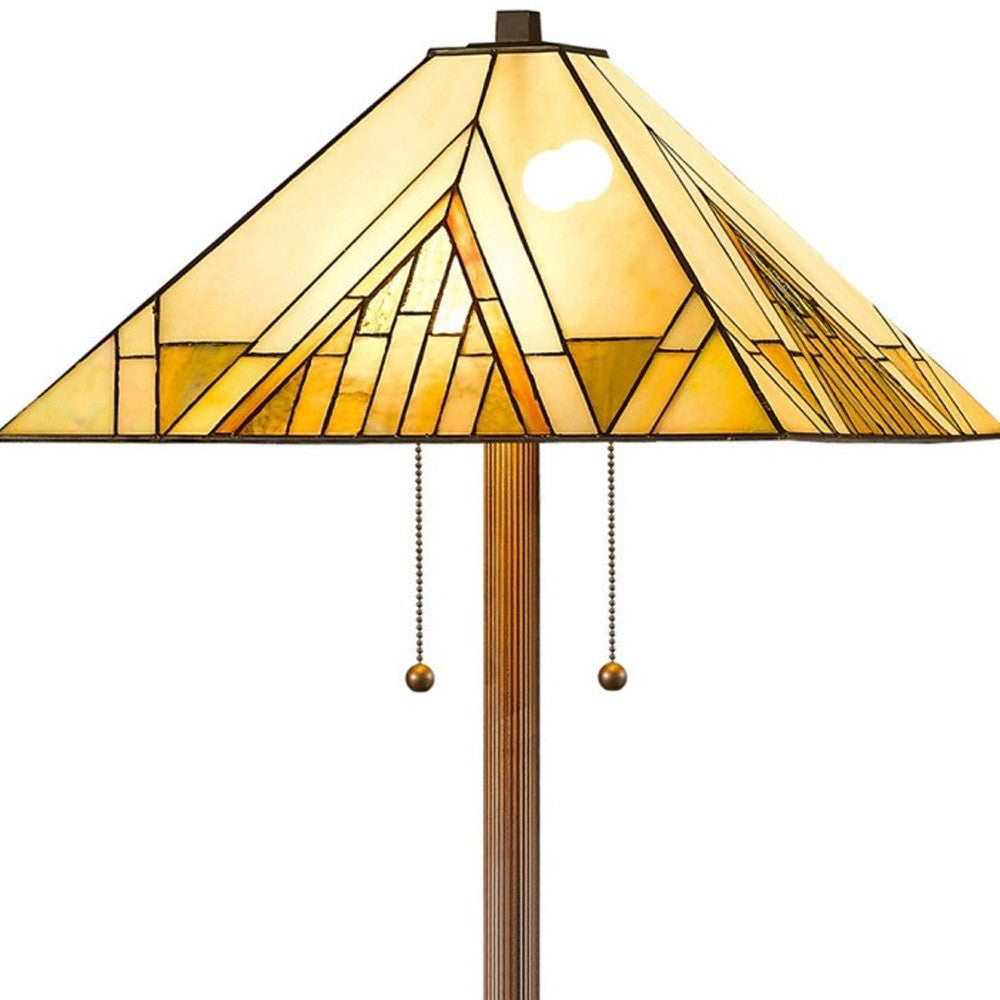 Brown 2-Light Beige & Brown Geometric Stained Glass Floor Lamp