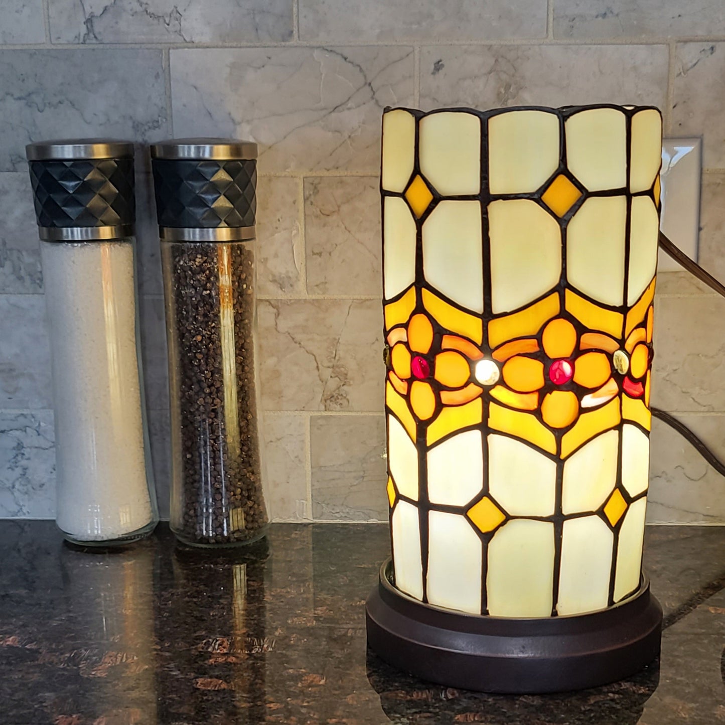 Brown & Beige Mosaic Tile Stained Glass Accent Lamp