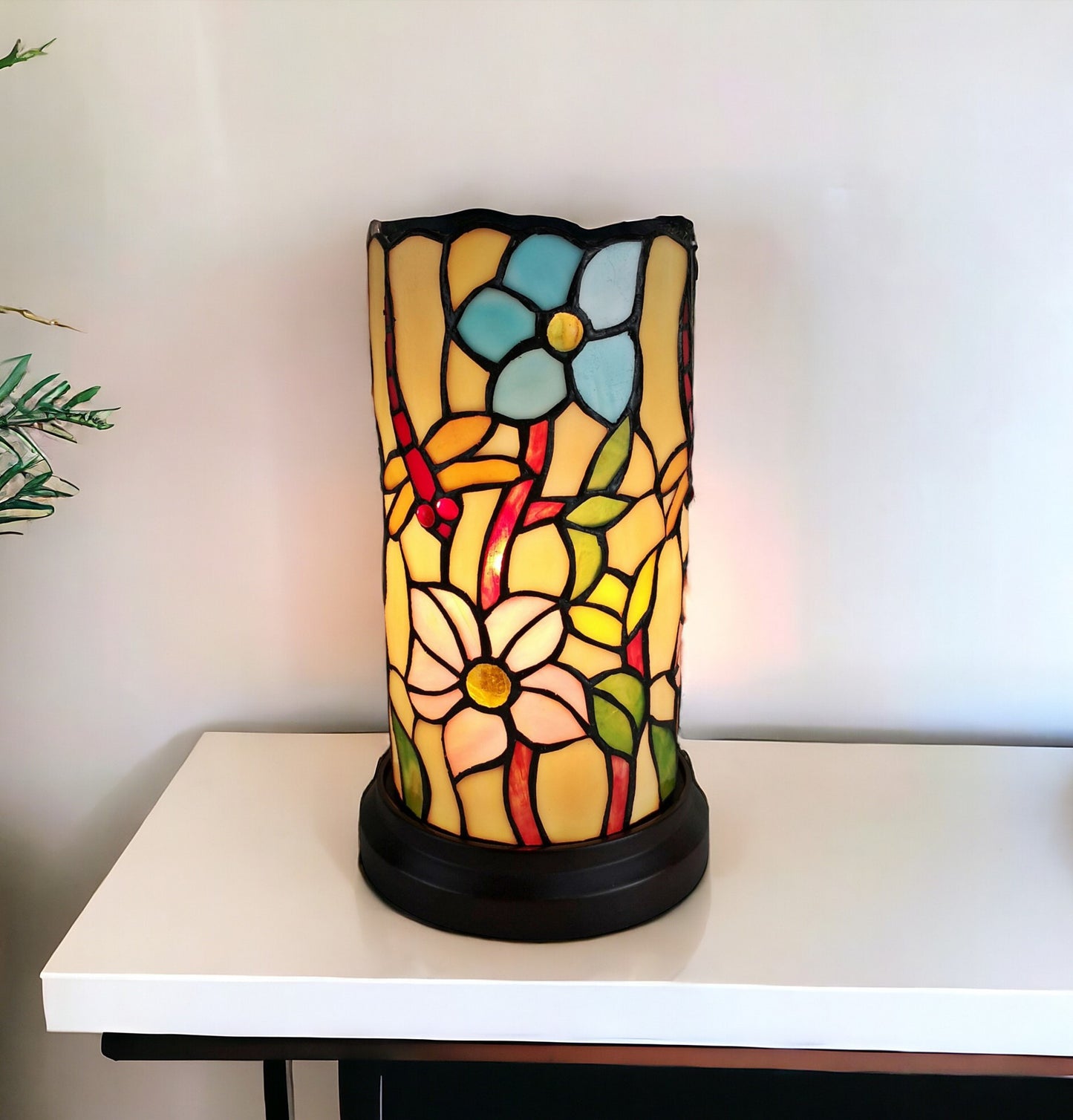 Red & Beige Dragonfly Stained Glass Accent Lamp