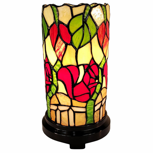 Red Green & Black Floral Stained Glass Accent Lamp