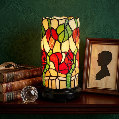 Red Green & Black Floral Stained Glass Accent Lamp