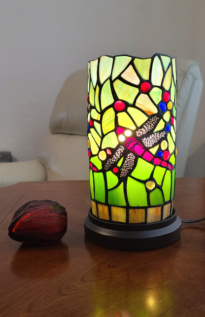 Green & Pink Dragonfly Stained Glass Accent Lamp