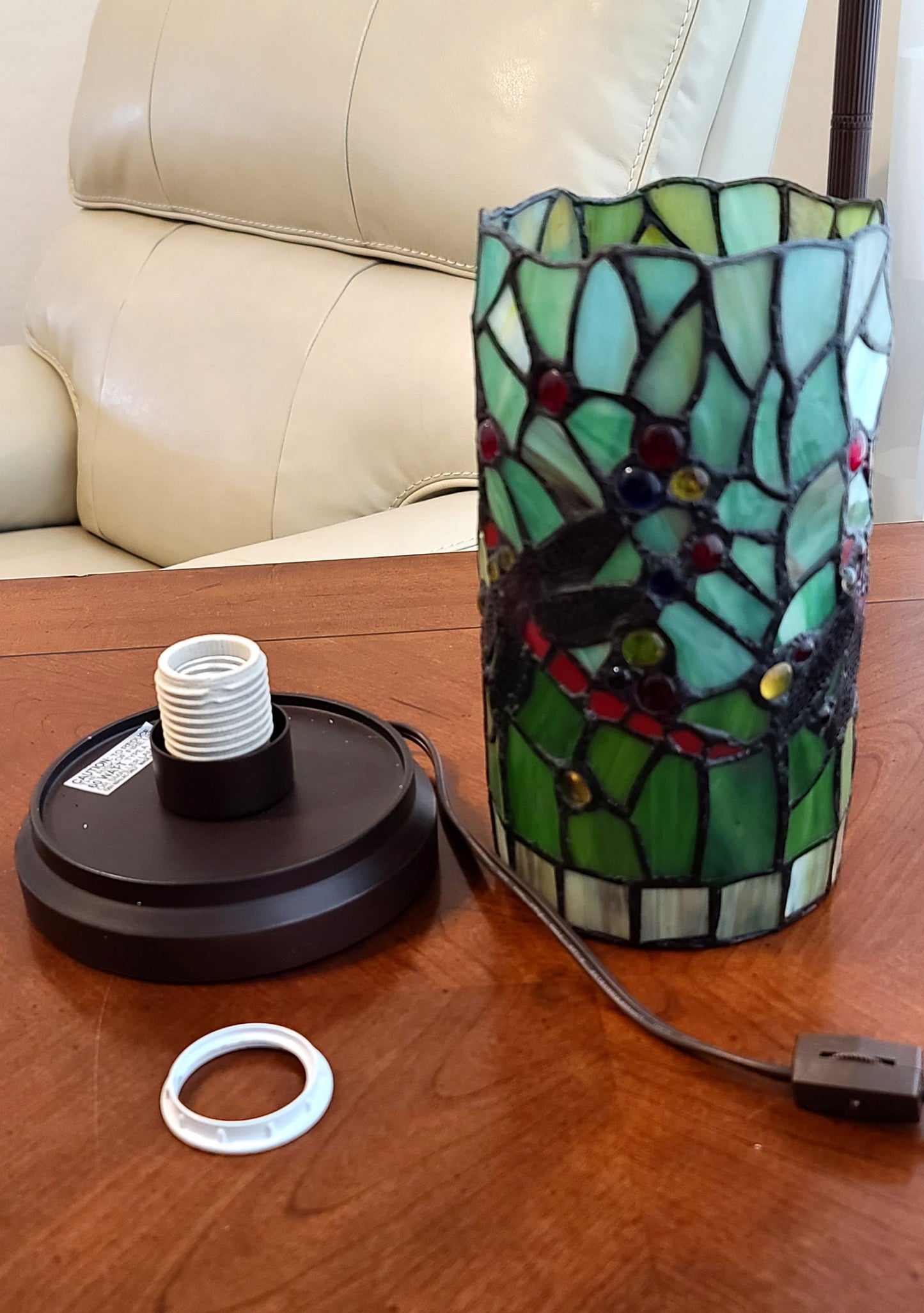 Green & Pink Dragonfly Stained Glass Accent Lamp