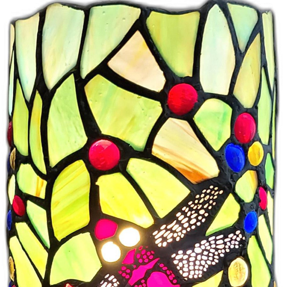 Green & Pink Dragonfly Stained Glass Accent Lamp