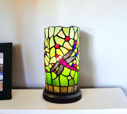 Green & Pink Dragonfly Stained Glass Accent Lamp