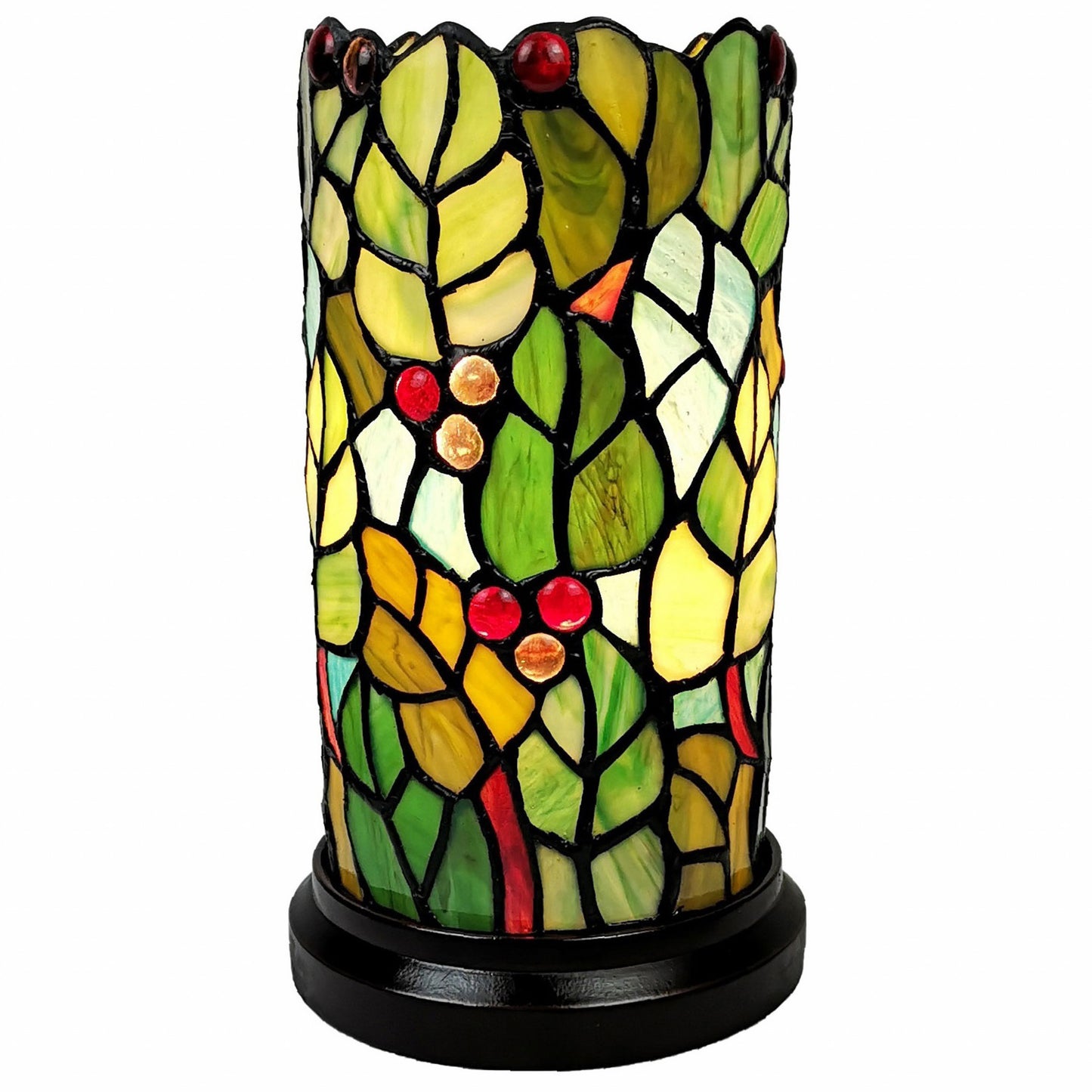 Green & Red Leaves & Berries Stained Glass Accent Lamp