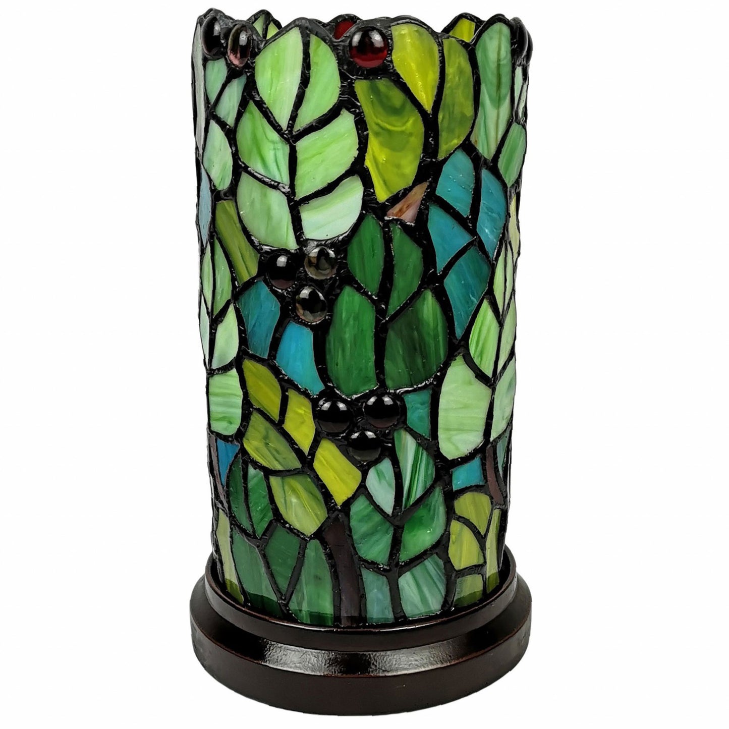 Green & Red Leaves & Berries Stained Glass Accent Lamp