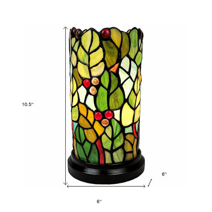 Green & Red Leaves & Berries Stained Glass Accent Lamp