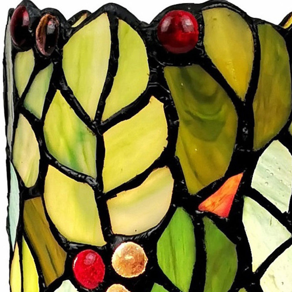 Green & Red Leaves & Berries Stained Glass Accent Lamp