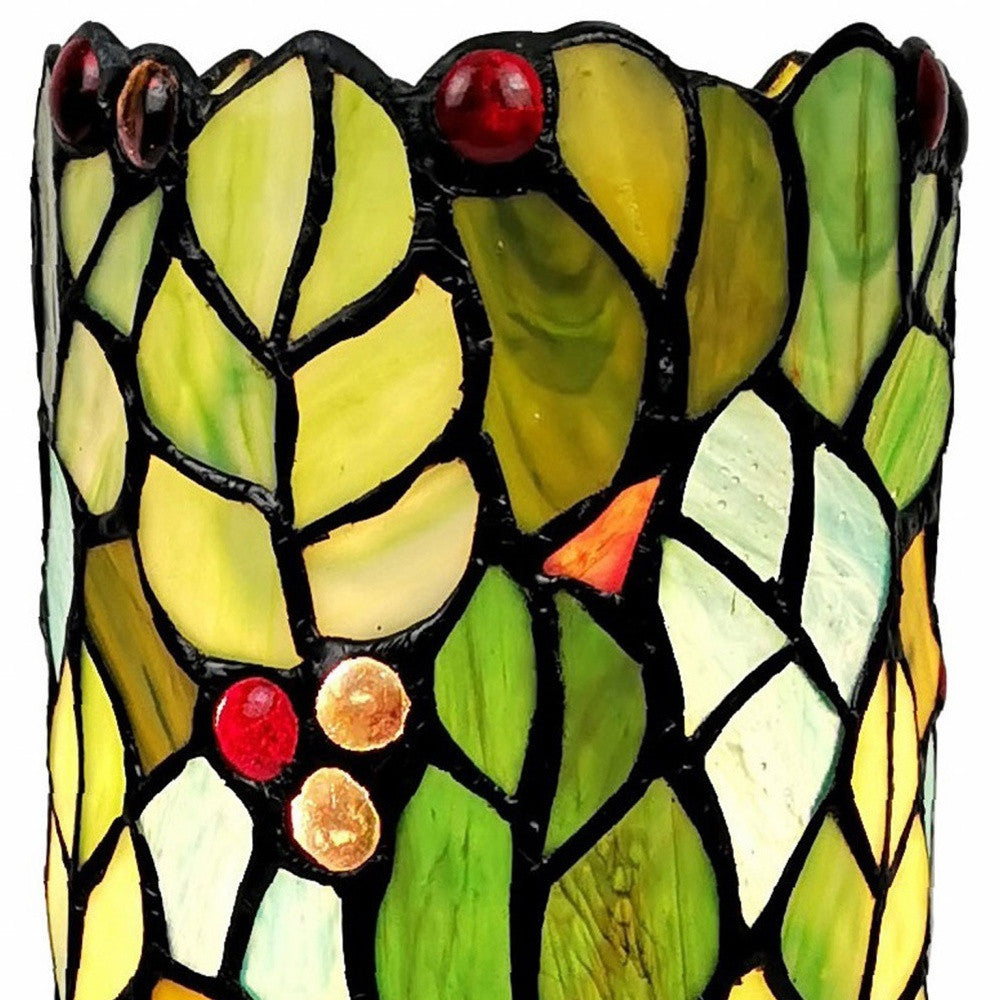 Green & Red Leaves & Berries Stained Glass Accent Lamp