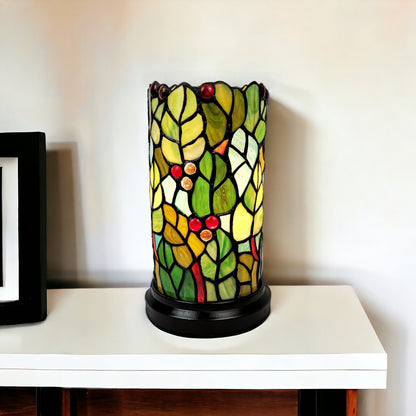 Green & Red Leaves & Berries Stained Glass Accent Lamp