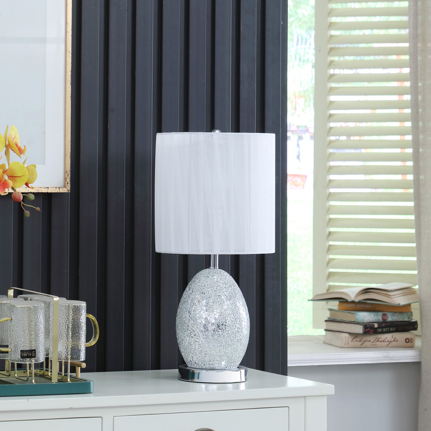 White Luster Mirrored Glass Table Lamp w/ Night Light
