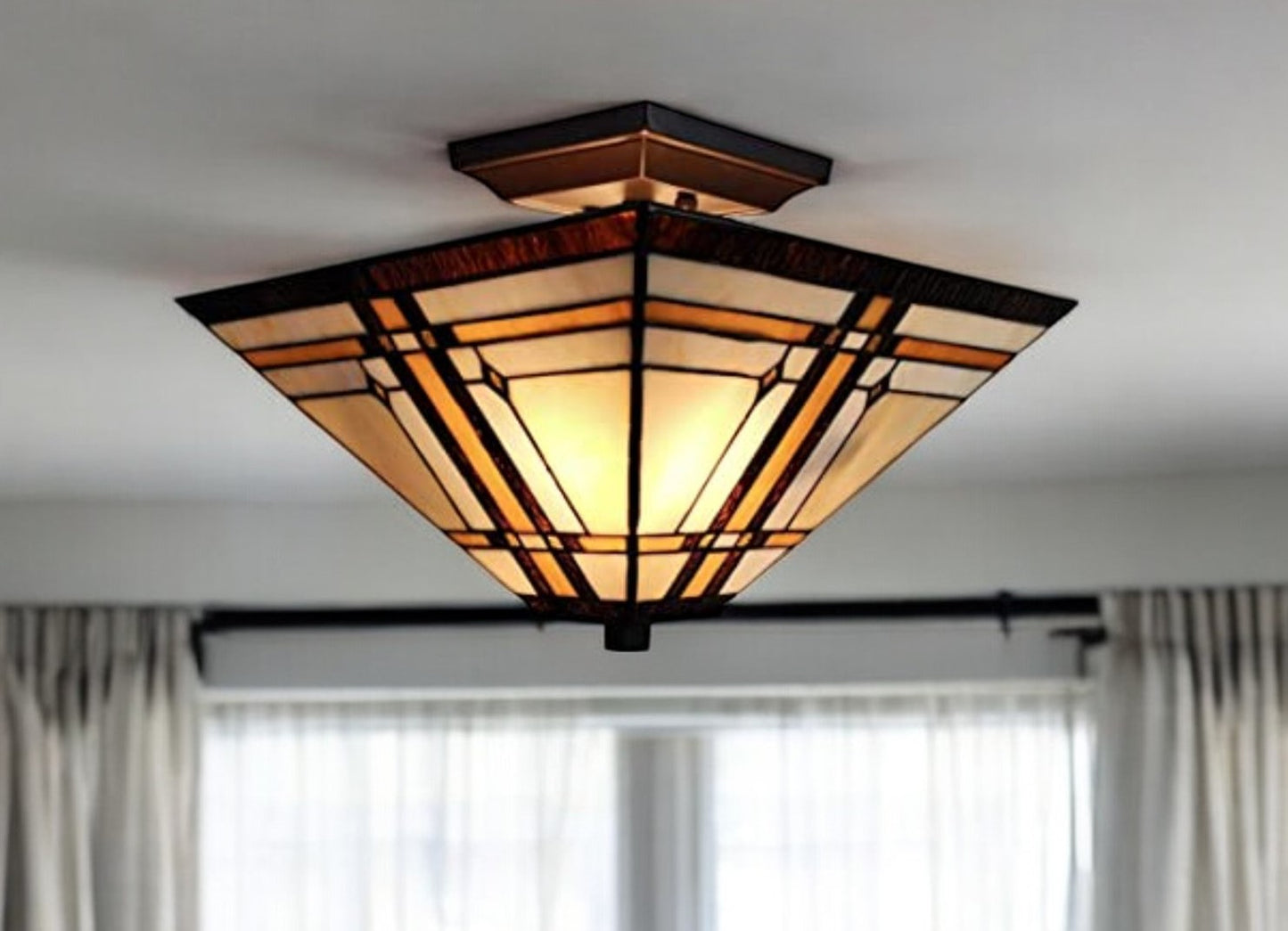 Brown & Amber Tiffany Style Mission Semi Flush Dimmable Ceiling Light