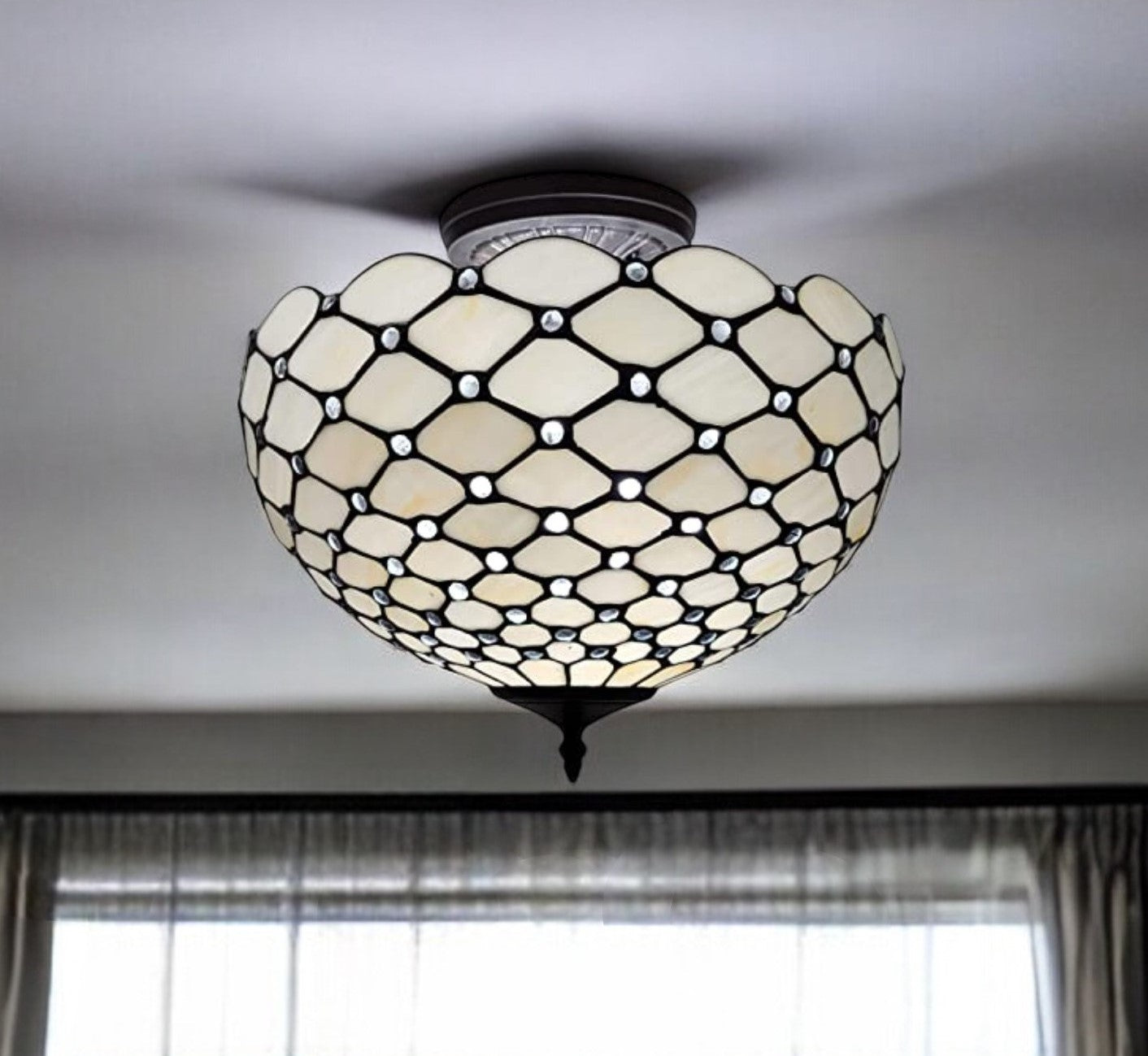 Black & White Tiffany Style 2 Light Semi Flush Ceiling Lamp