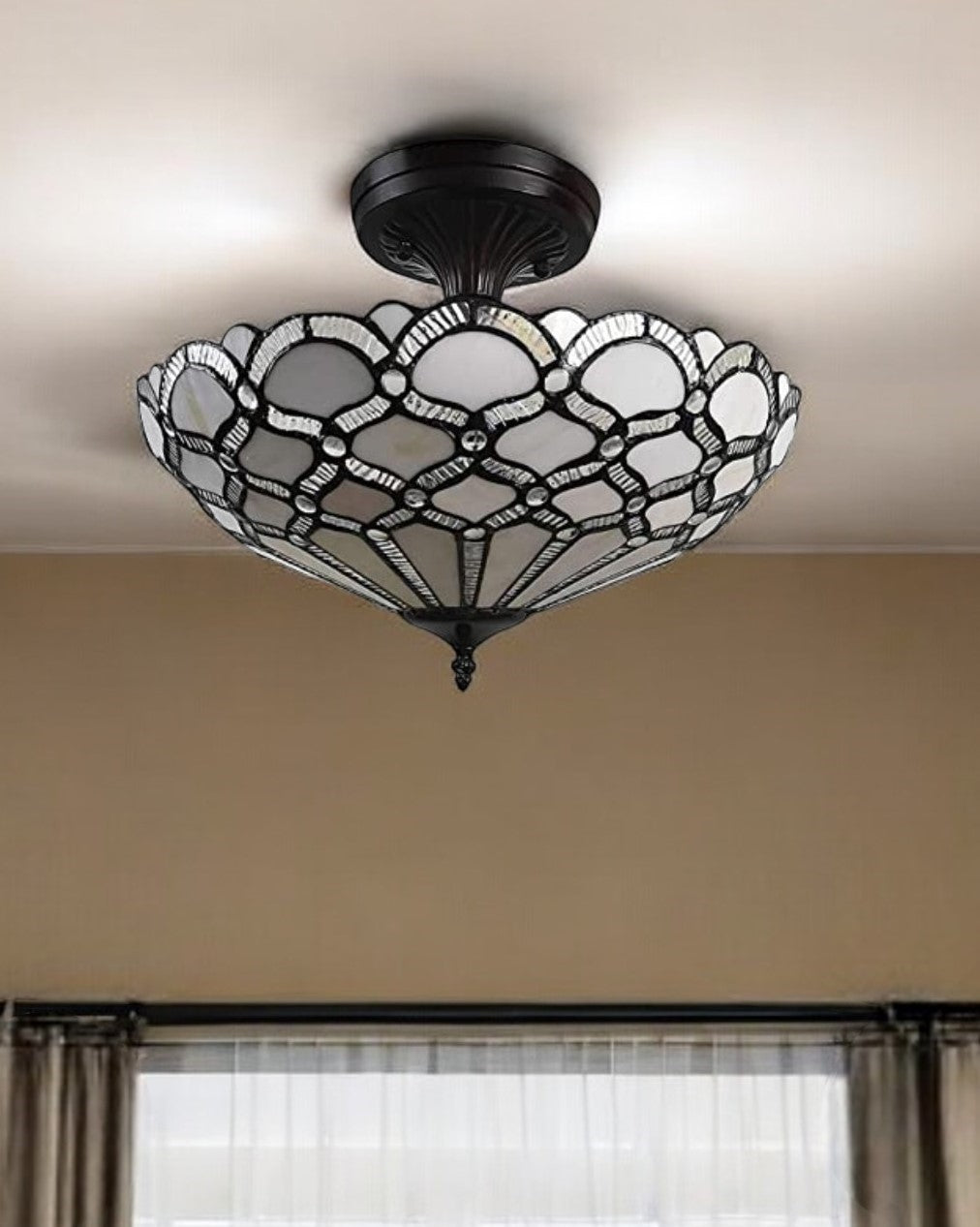 Black & Gray 2 Light Tiffany Style Semi Flush Dimmable Ceiling LIght