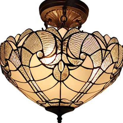 Yellow & Brown 2 Light Tiffany Style Semi Flush Dimmable Ceiling Light