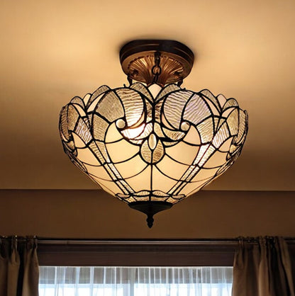 Yellow & Brown 2 Light Tiffany Style Semi Flush Dimmable Ceiling Light