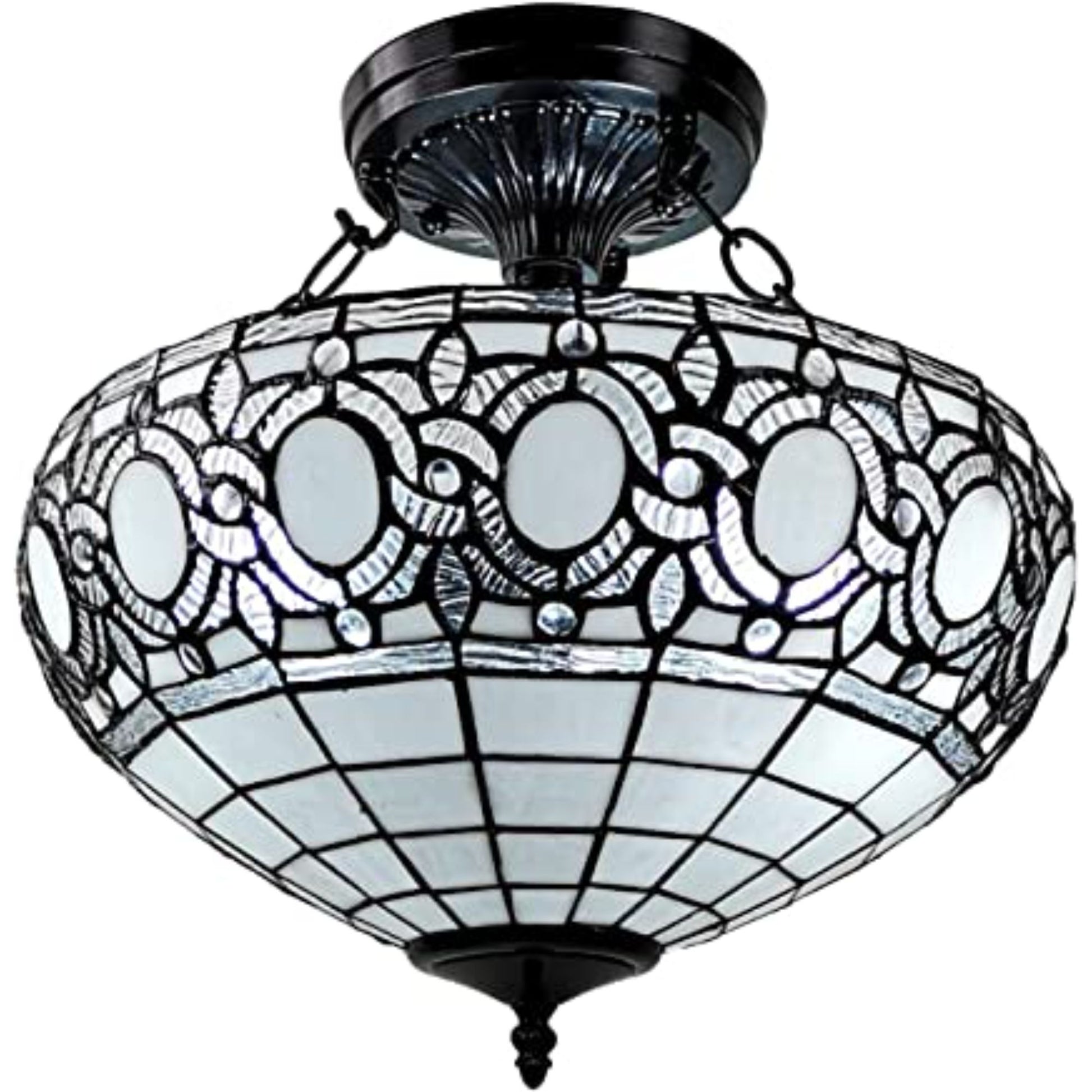 Blue & Black Tiffany Style 2 Light Glass Dimmable Semi Flush Ceiling Light