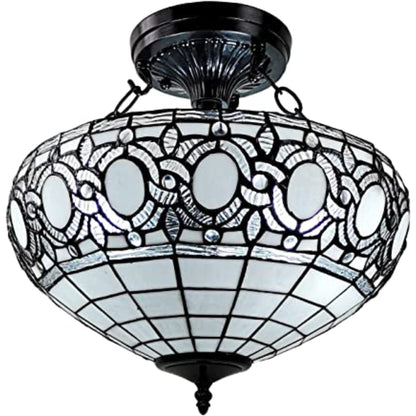 Blue & Black Tiffany Style 2 Light Glass Dimmable Semi Flush Ceiling Light