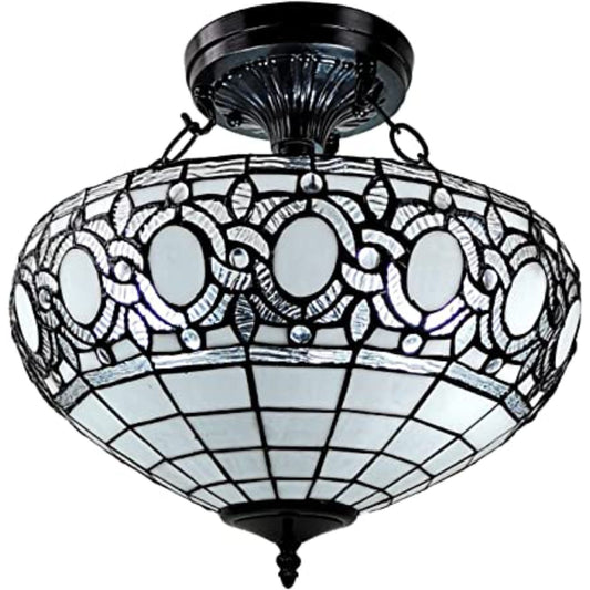 Blue & Black Tiffany Style 2 Light Glass Dimmable Semi Flush Ceiling Light
