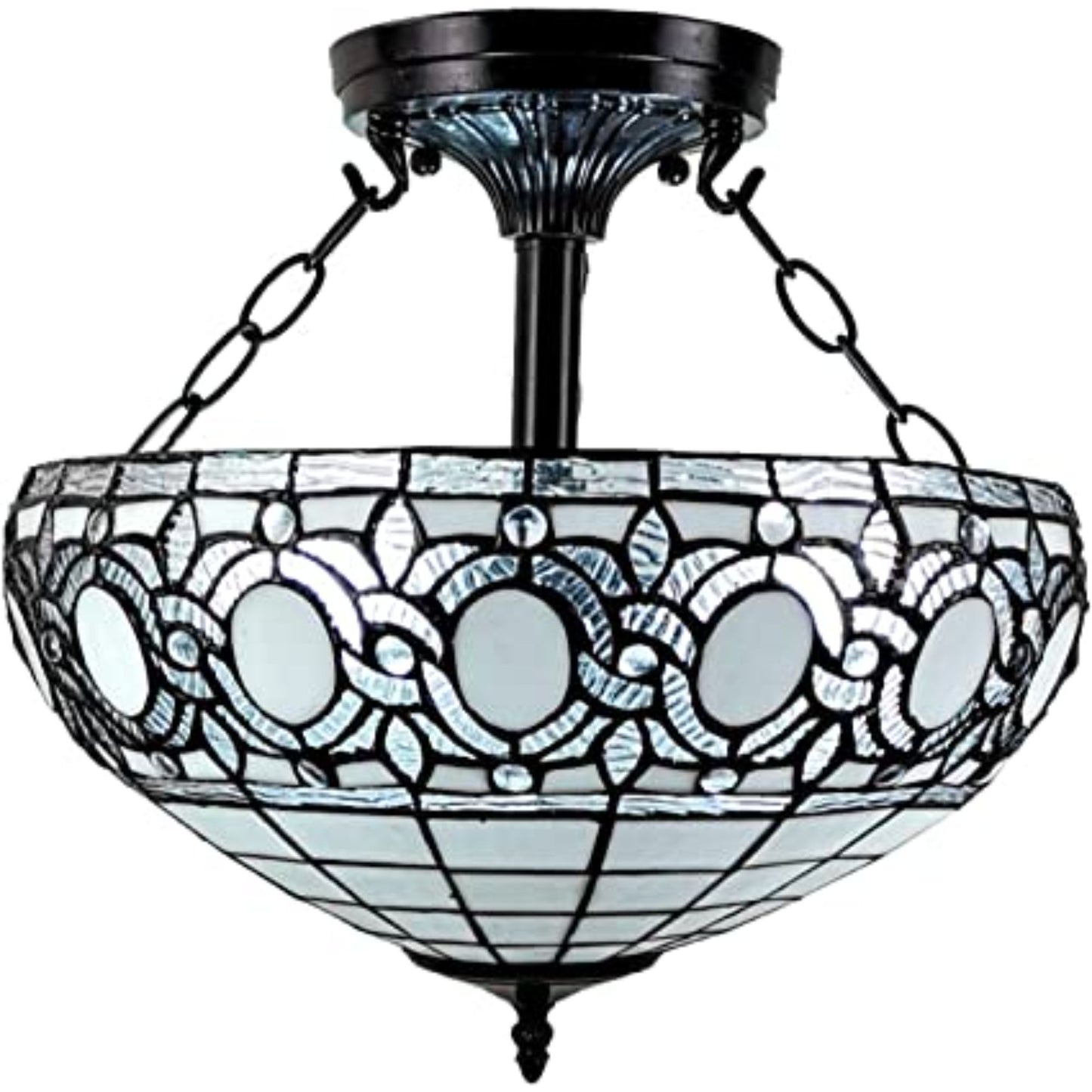 Blue & Black Tiffany Style 2 Light Glass Dimmable Semi Flush Ceiling Light