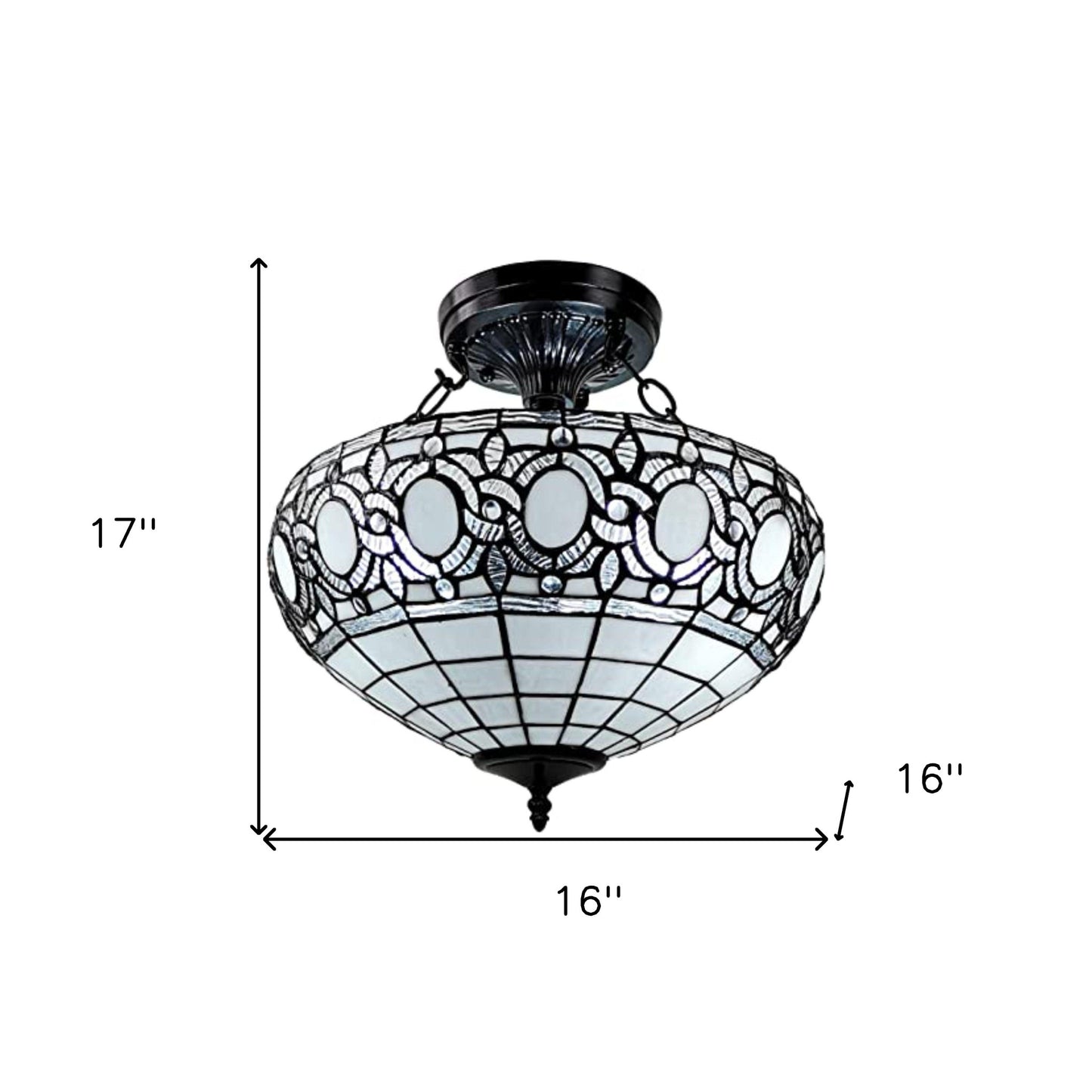 Blue & Black Tiffany Style 2 Light Glass Dimmable Semi Flush Ceiling Light