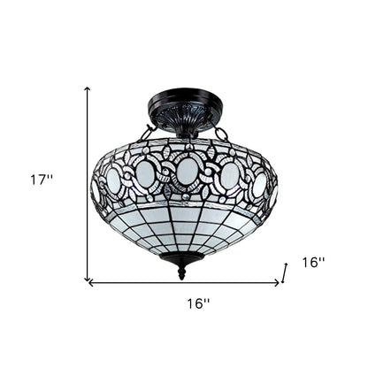 Blue & Black Tiffany Style 2 Light Glass Dimmable Semi Flush Ceiling Light