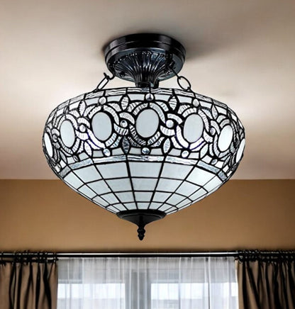 Blue & Black Tiffany Style 2 Light Glass Dimmable Semi Flush Ceiling Light