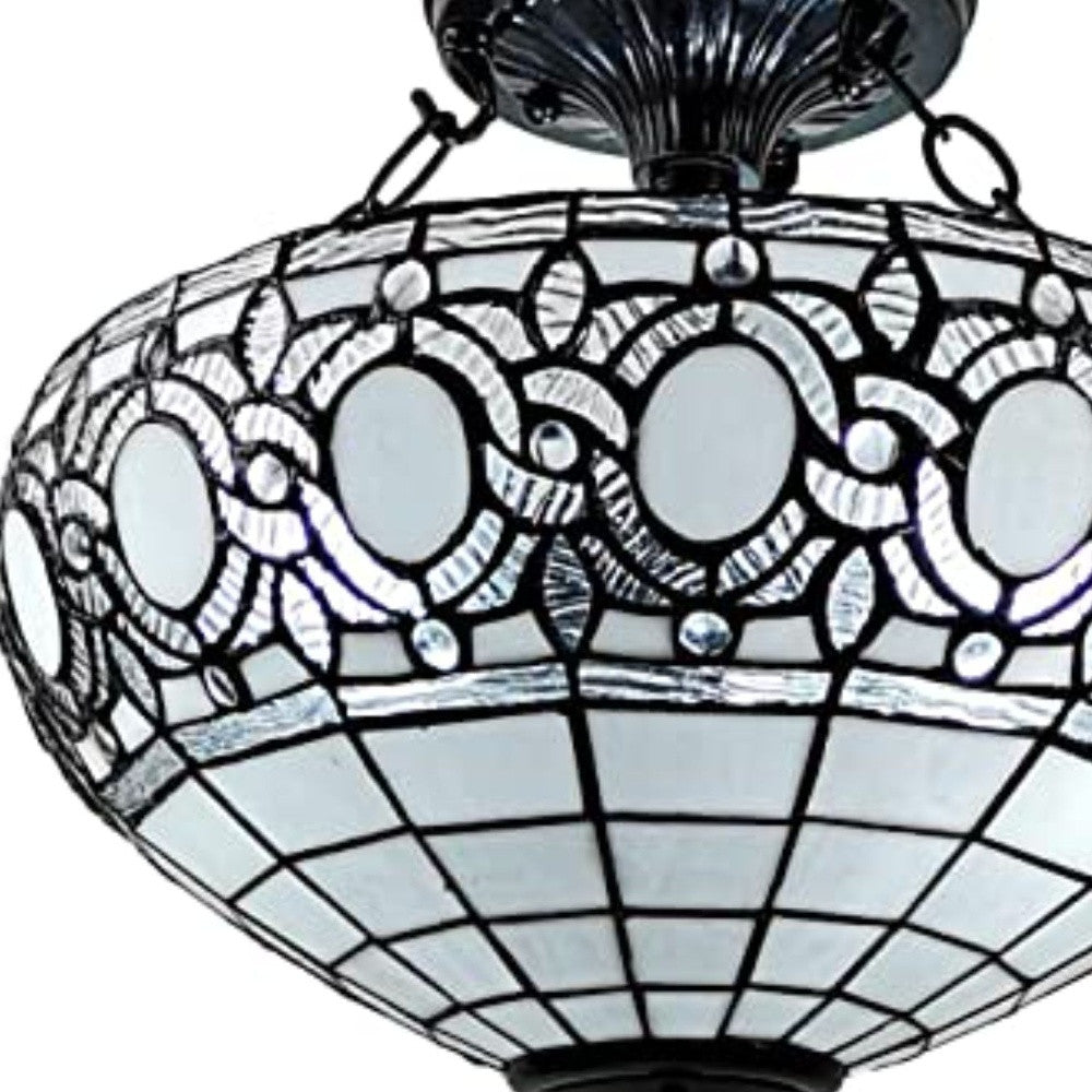 Blue & Black Tiffany Style 2 Light Glass Dimmable Semi Flush Ceiling Light