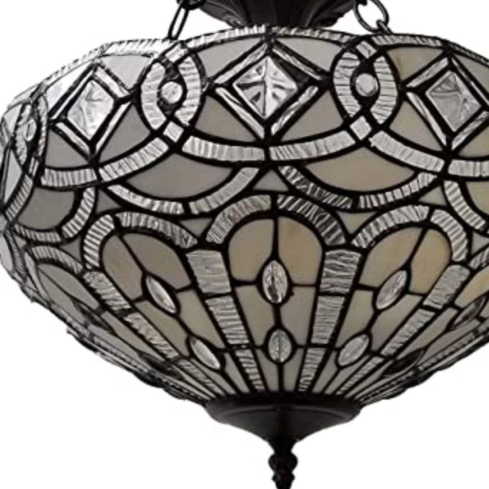 Black & Gray Tiffany Style 2 Light Glass Dimmable Semi Flush Ceiling Light