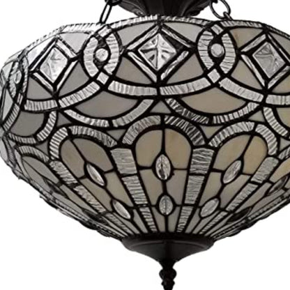 Black & Gray Tiffany Style 2 Light Glass Dimmable Semi Flush Ceiling Light